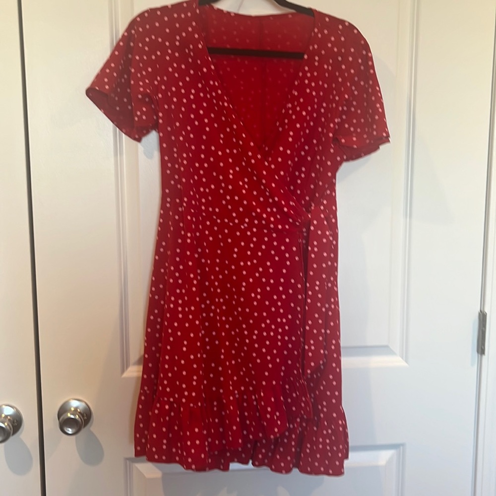 Red wrap dress polka dots